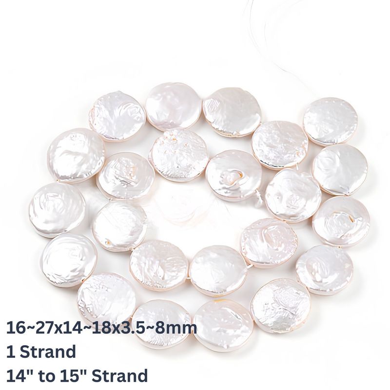 16~27x14~18x3.5~8mm, Cultured Freshwater Coin Pearls, Natural, 20 to 23pcs, 14.45" to 15.50" Strand, Hole: 0.7mm, 1.91oz