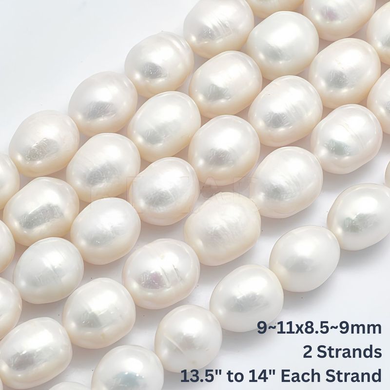 9~11x8.5~9mm, Cultured Freshwater Rice Pearls, White Smoke, 2 Strands, Approx 32pcs per 13.5" to 14" strand, Hole 0.8mm, 3.14oz
