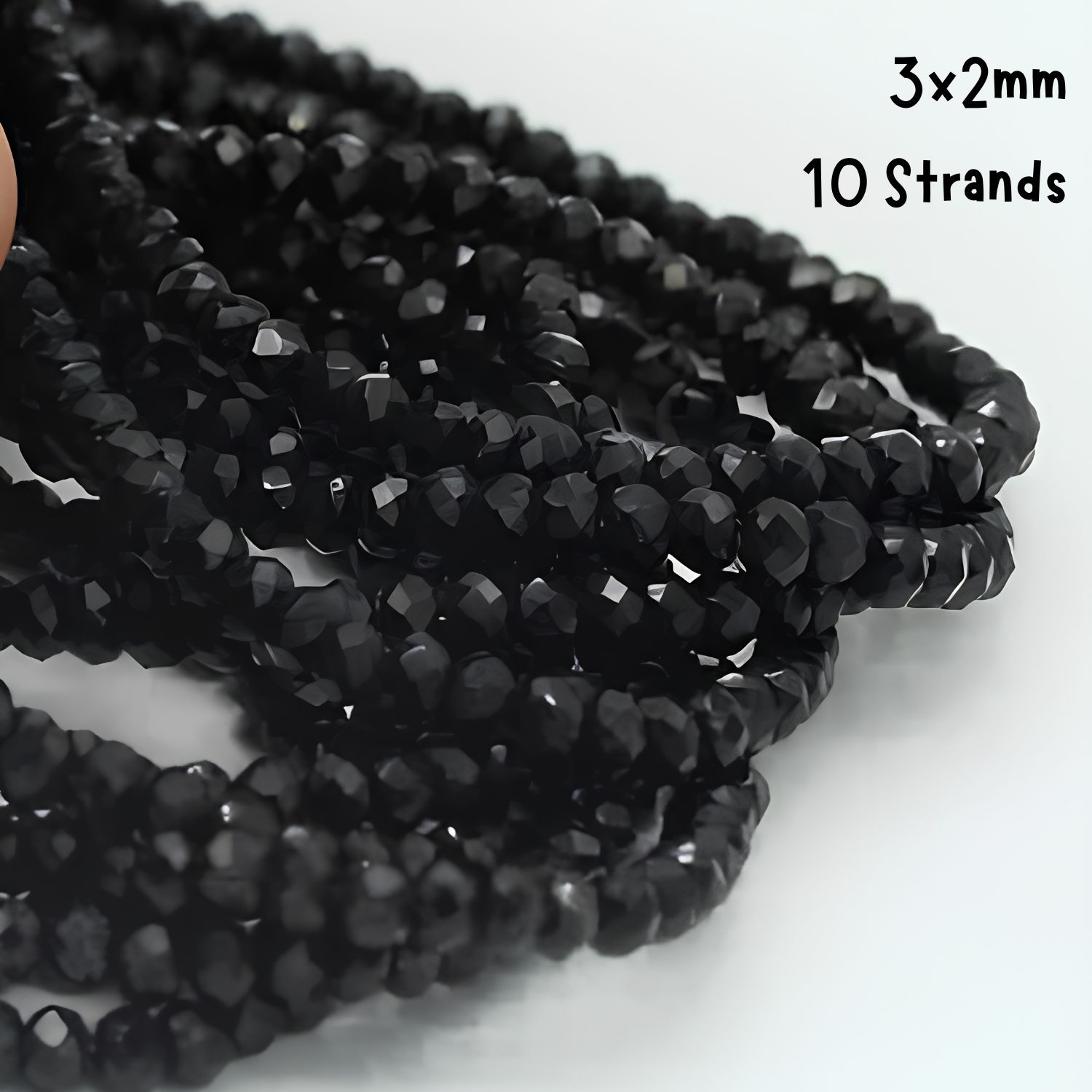 3x2mm Faceted Rondelles, 10 Strands, Approx 1250pcs, Opaque Black, Hole 0.8mm, Glass Beads, 1.66oz