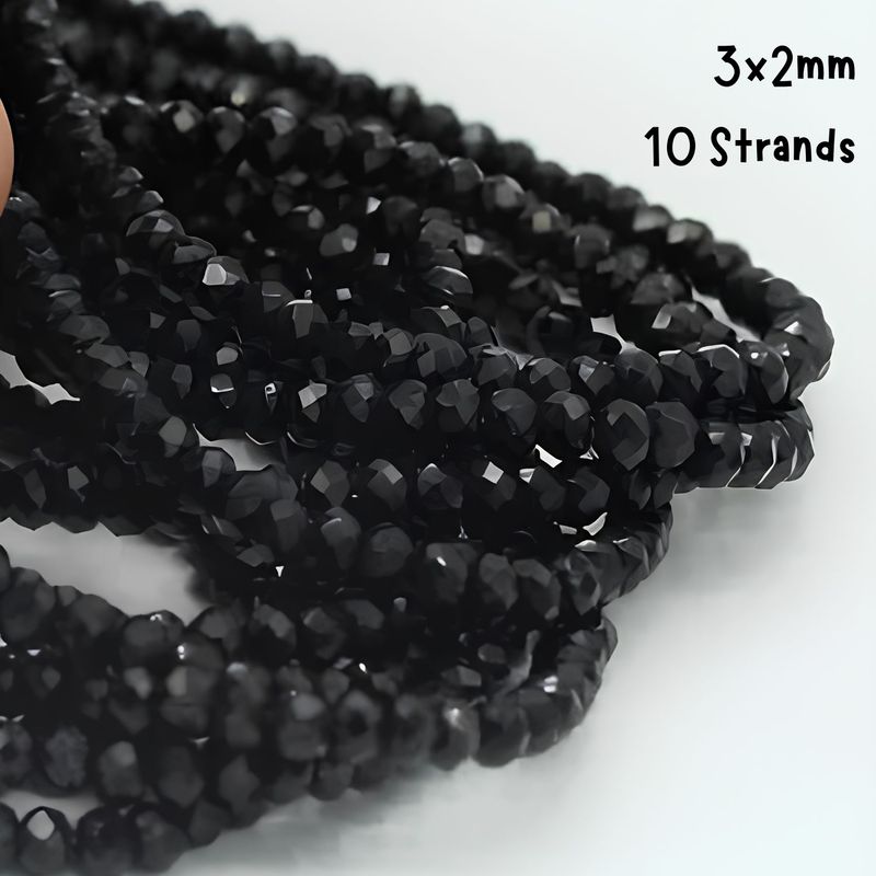 3x2mm Faceted Rondelles, 10 Strands, Approx 1250pcs, Opaque Black, Hole 0.8mm, Glass Beads, 1.66oz