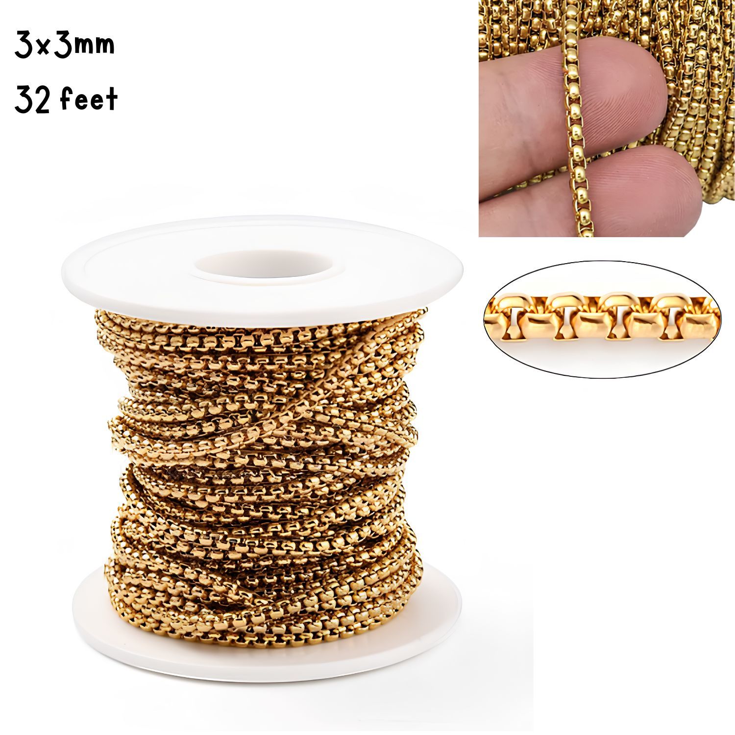 GP Stainless Steel Box Chain, 3x3mm, 10 Meters/32.8 Feet, 9.70oz