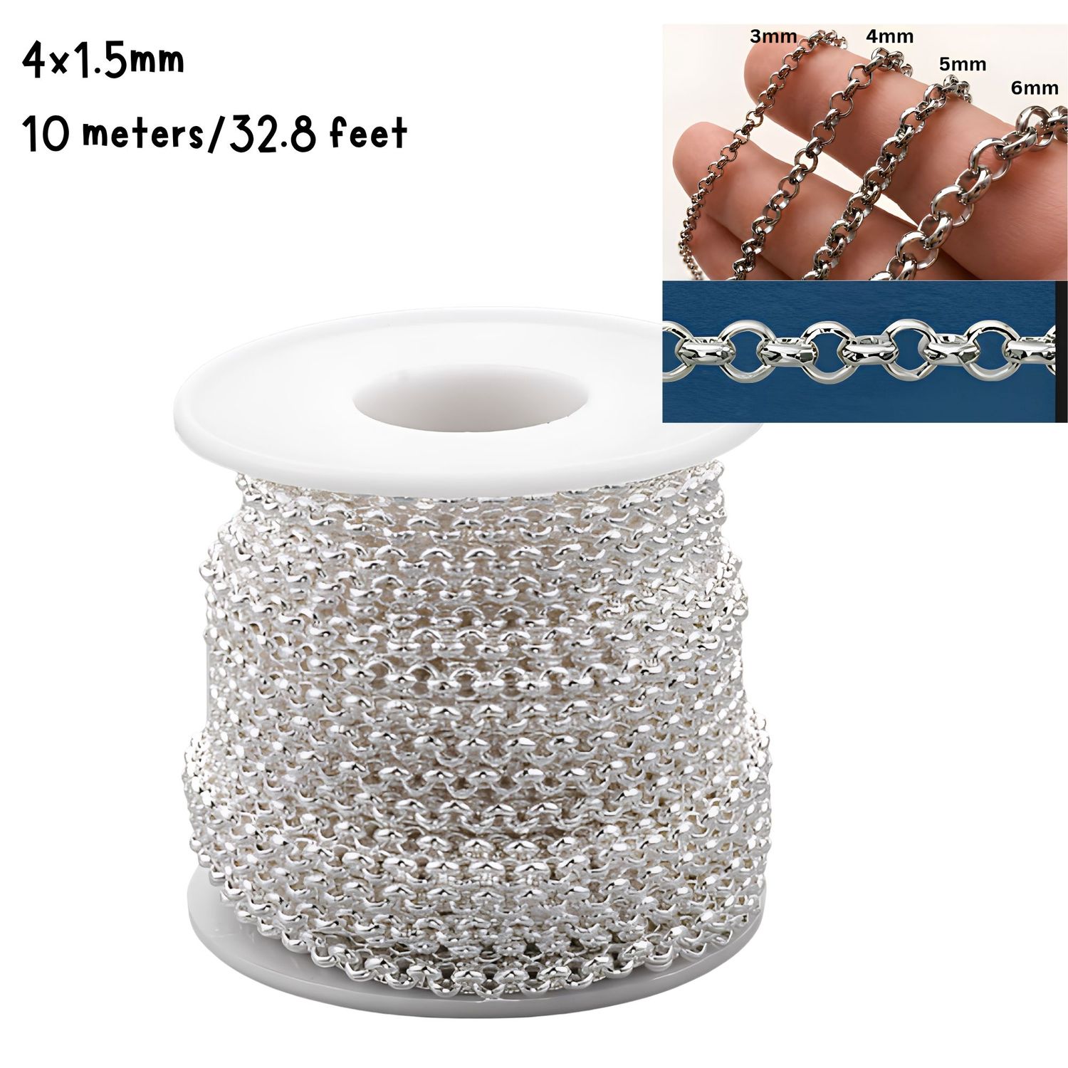 SP Stainless Steel, Rolo Chain, 4x1.5mm, 10 Meters/32 Feet, 9.42oz