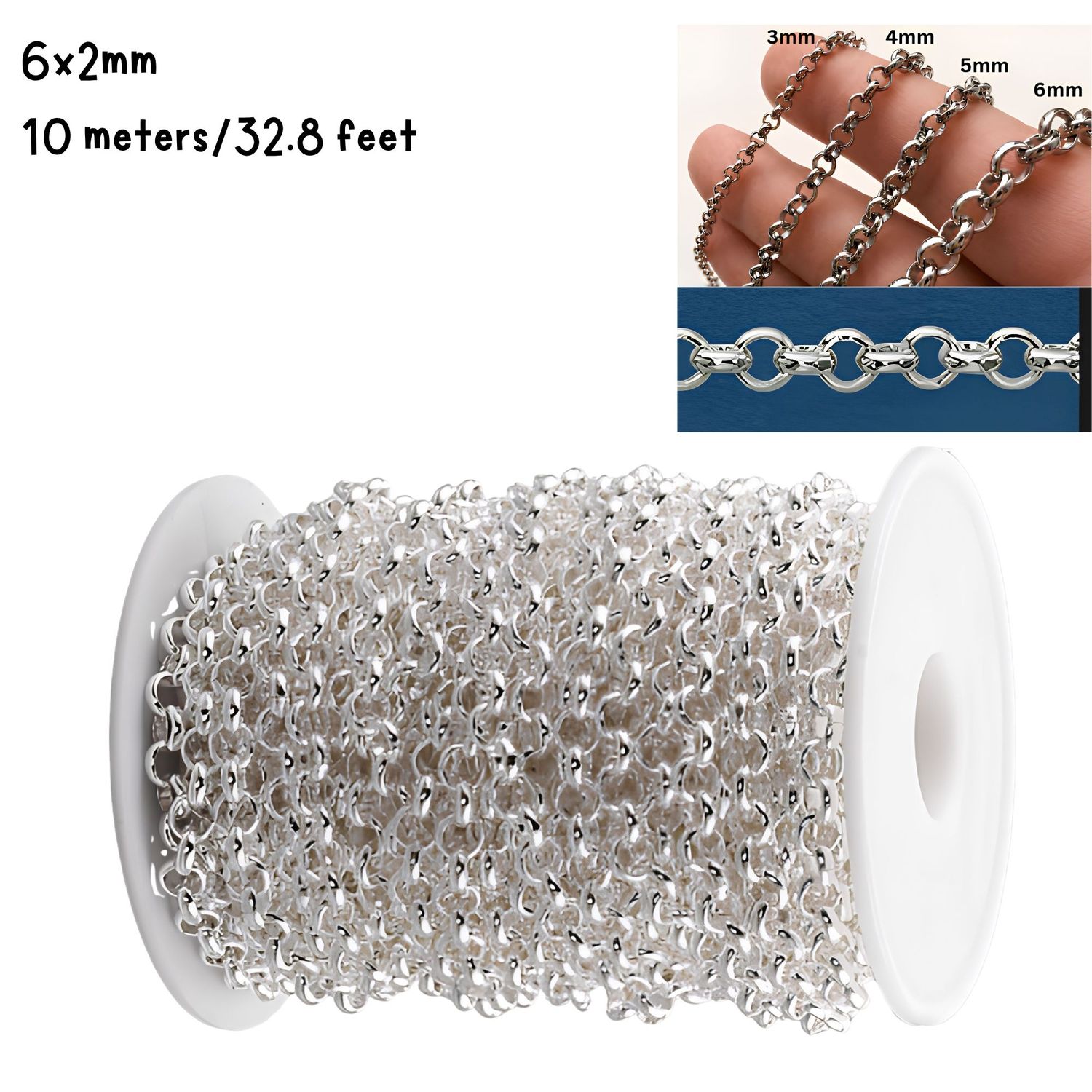 SP Stainless Steel, Rolo Chain, 6x2mm, 10 Meters/32 Feet, 15.98oz