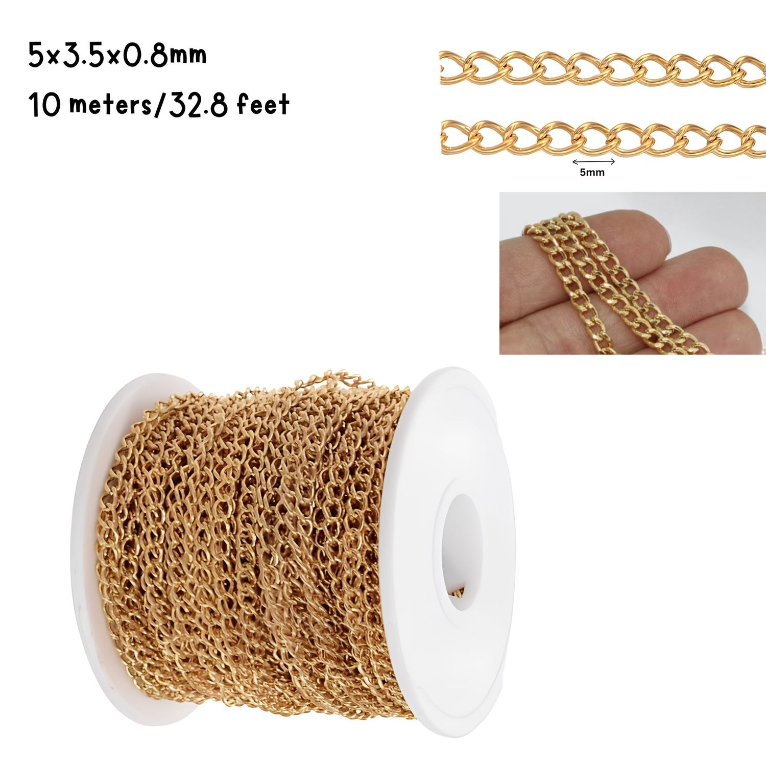 GP Stainless Steel Curb Chain, 5x3.5x0.8mm, 10 Meters/32.8 Feet, 5.29oz