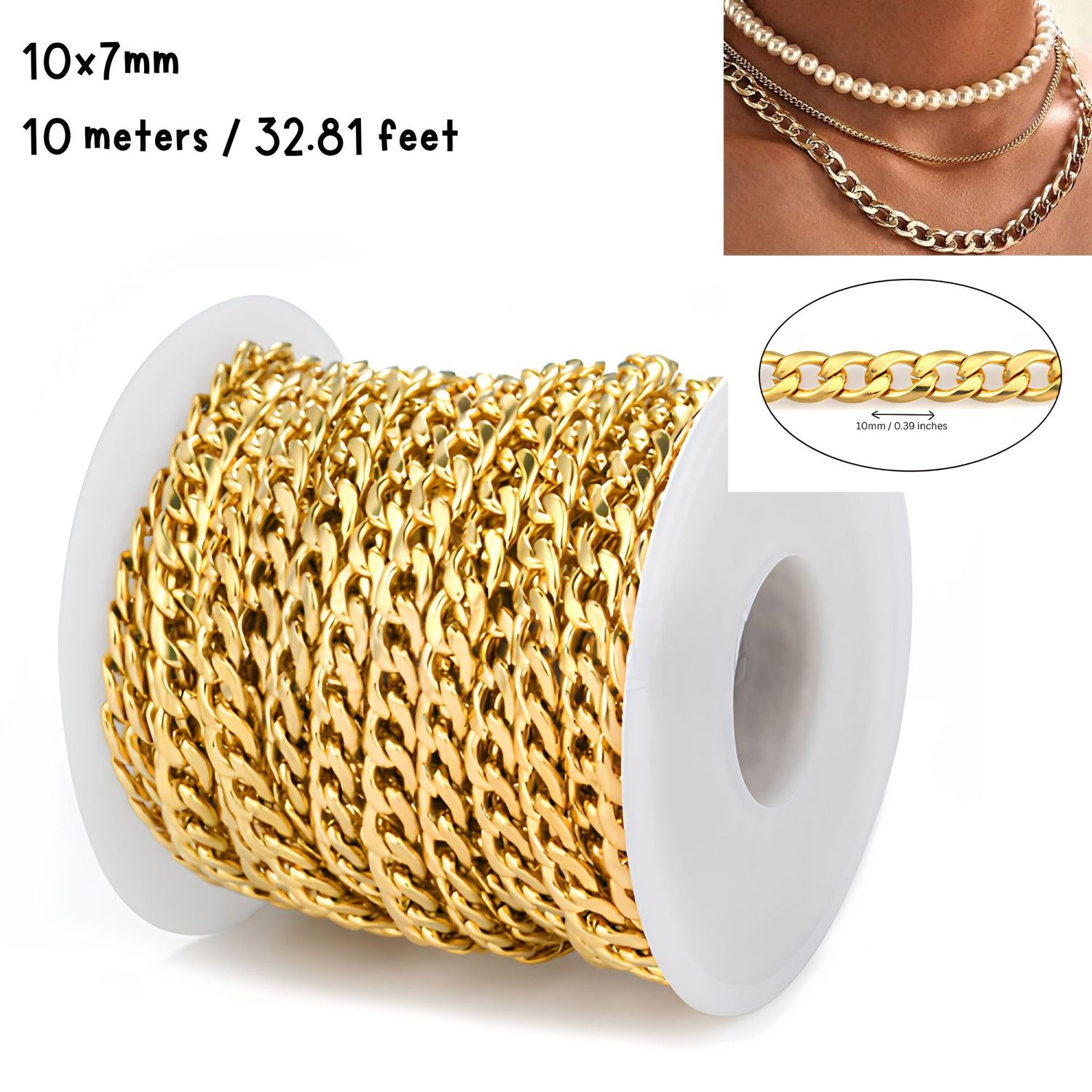 GP Stainless Steel Chunky Cuban Link Curb Chain, 10x7mm, 10 Meters/32.8 Feet, 25.05oz