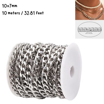 Stainless Steel Chunky Cuban Link Curb Chain, 10x7mm, 10 Meters/32.8 Feet, 25.05oz