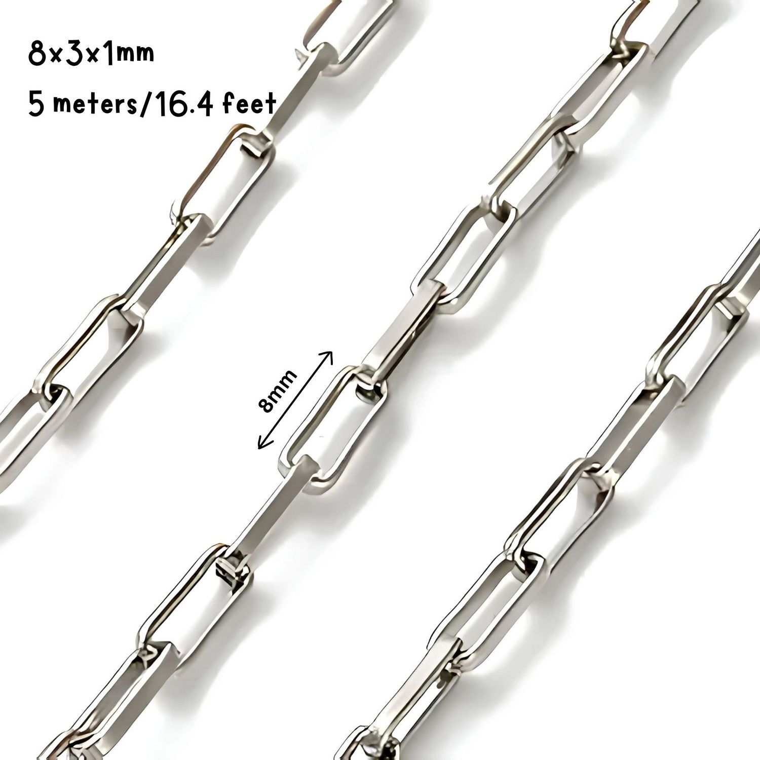 Stainless Steel Paperclip Chain, 8x3x1mm, 5 Meters/16.4 Feet, 3.53oz
