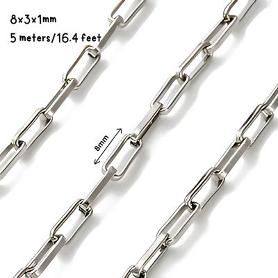 Stainless Steel Paperclip Chain, 8x3x1mm, 5 Meters/16.4 Feet, 3.53oz