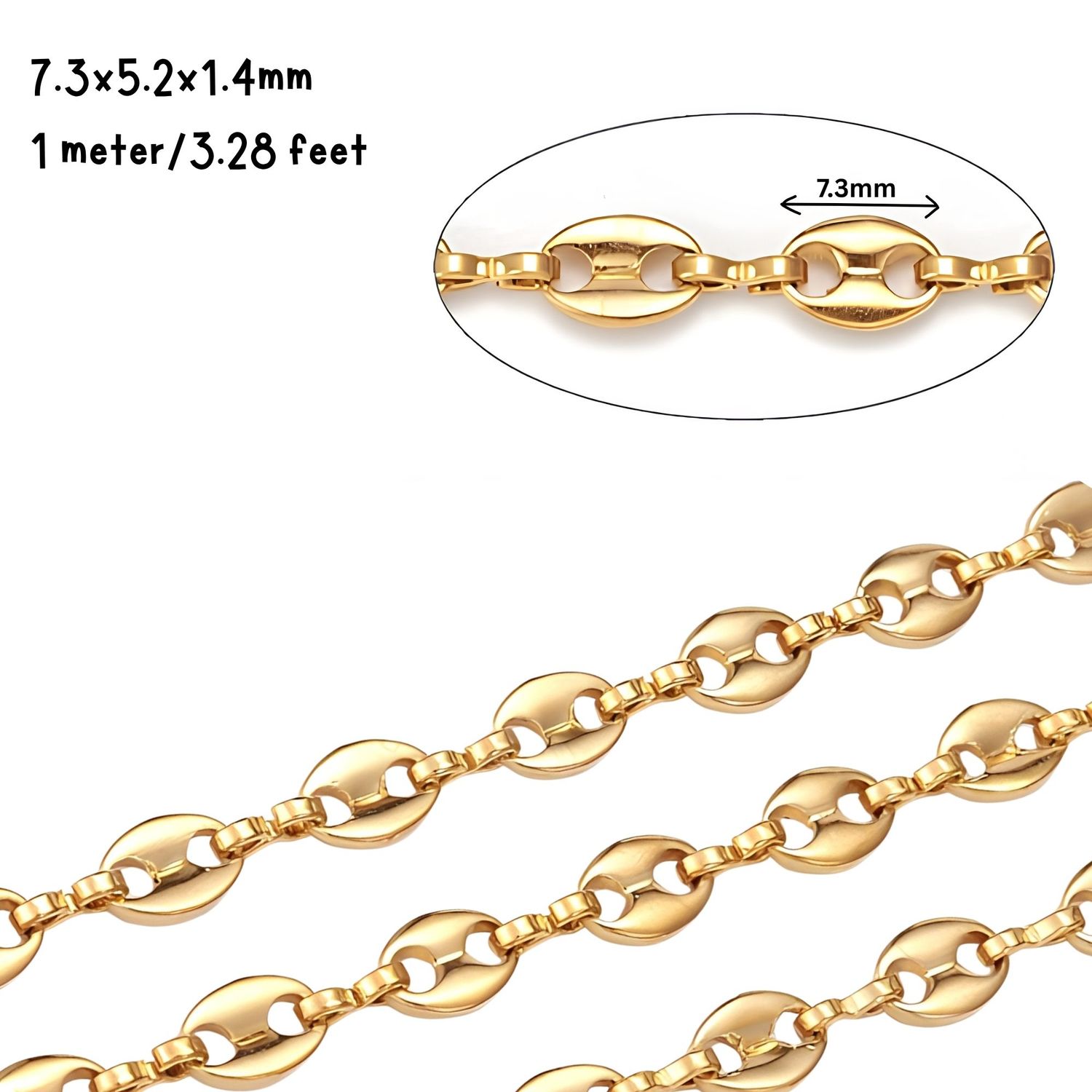 GP Stainless Steel Coffee Bean Chain, 7.3x5.2x1.4mm, 1 Meter/3.28 Feet, 1.20oz