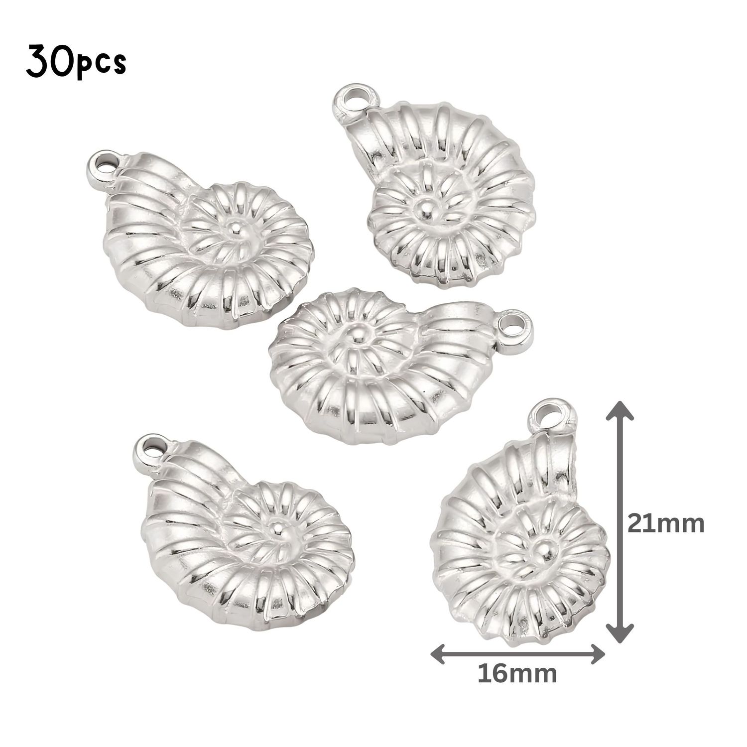 Stainless Steel Conch Shells, 30pcs, 15x21x4mm, Hole 1mm, Ocean Sea Charms/Pendants, 5.36oz