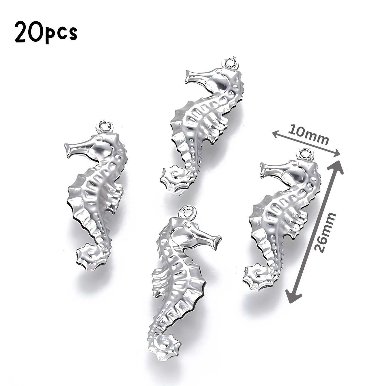 Stainless Steel Sea Horse, 20pcs, 26x10x4mm, Hole 1.2mm, Ocean Sea Charms/Pendants, 0.53oz