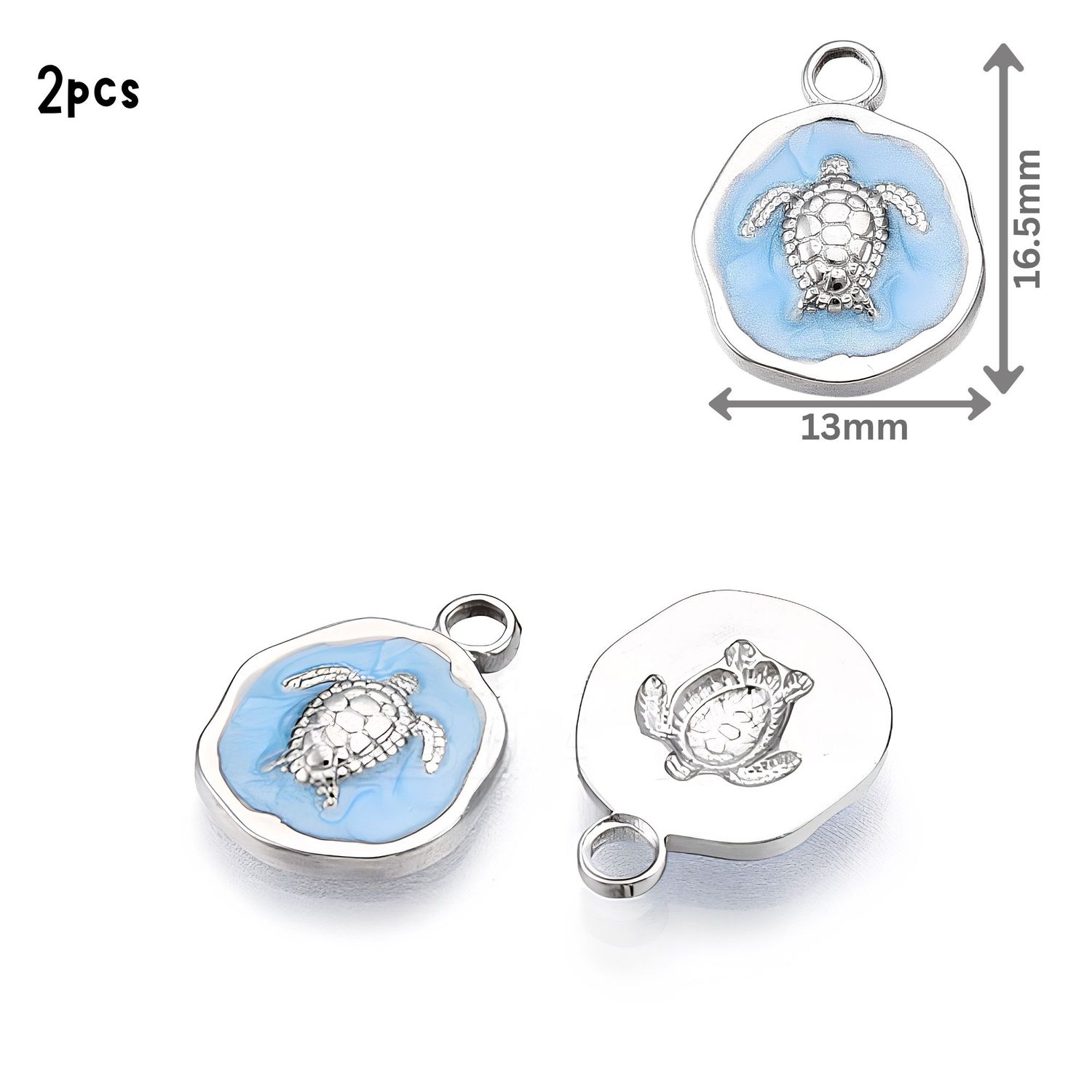 Stainless Steel Turtle, Blue Enamel Plated, 2pcs, 16.5x13x2.5mm, Hole: 2.5mm, Ocean Sea Charms/Pendants, 0.14oz