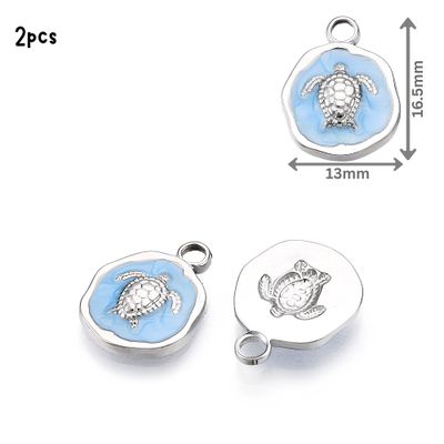 Stainless Steel Turtle, Blue Enamel Plated, 2pcs, 16.5x13x2.5mm, Hole: 2.5mm, Ocean Sea Charms/Pendants, 0.14oz