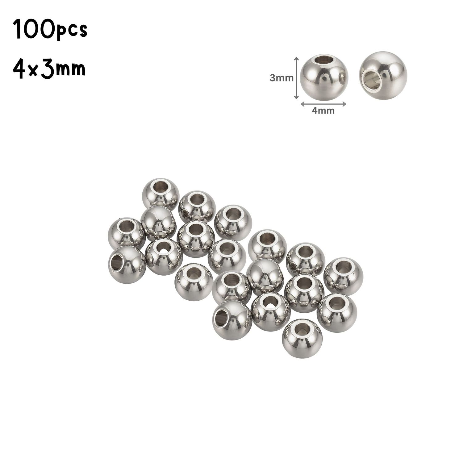 SP Stainless Steel Round Beads, 100pcs, 4x3mm, Hole 2mm, Metal Beads, 0.88oz