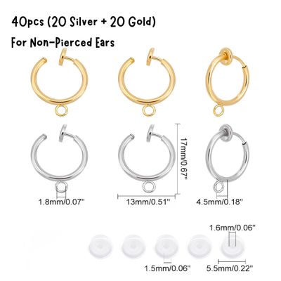 Stainless Steel Clip-On Earrings 40pcs (20 Silver + 20 Gold), 17x13x4.5mm, 0.85oz