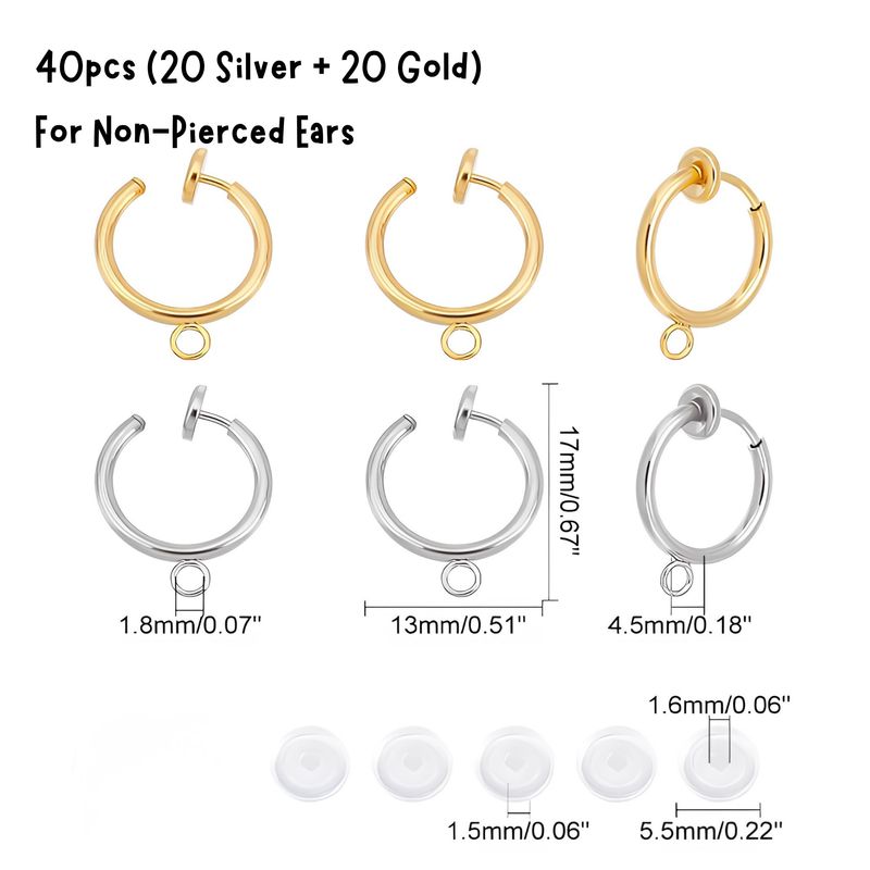 Stainless Steel Clip-On Earrings 40pcs (20 Silver + 20 Gold), 17x13x4.5mm, 0.85oz