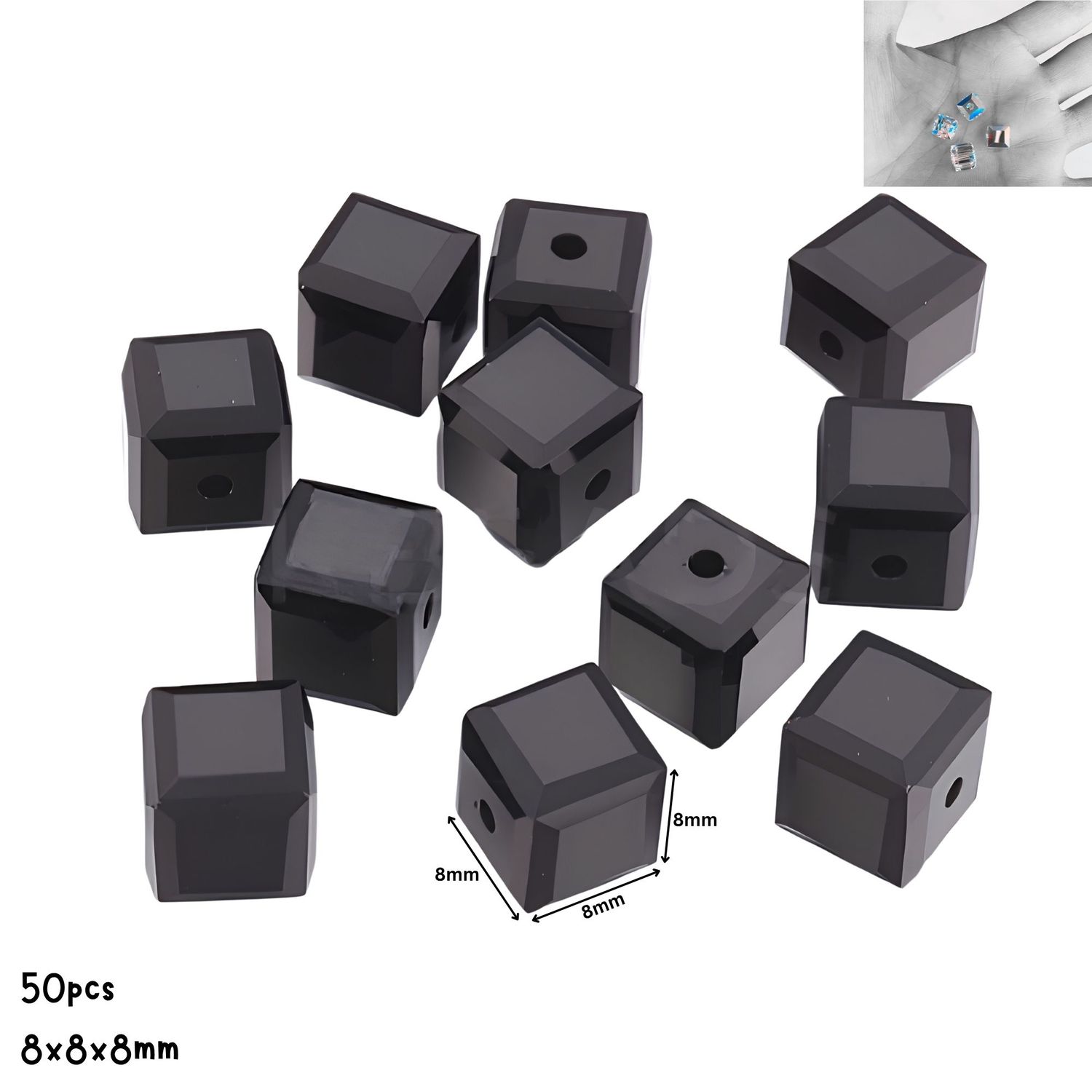 8x8x8mm Faceted Cubes, Opaque Black, 50pcs, Grade AAA, Hole 1.2mm, Glass Beads, 2.22oz