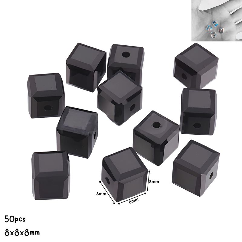 8x8x8mm Faceted Cubes, Opaque Black, 50pcs, Grade AAA, Hole 1.2mm, Glass Beads, 2.22oz