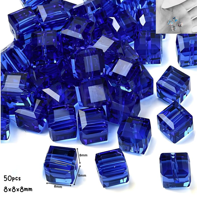8x8x8mm Faceted Cubes, Transparent Blue, 50pcs, Grade AAA, Hole 1.2mm, Glass Beads, 2.22oz