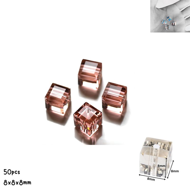 8x8x8mm Faceted Cubes, Transparent Light Salmon, 50pcs, Grade AAA, Hole 1.2mm, Glass Beads, 2.22oz