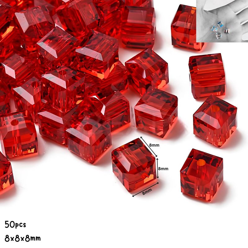 8x8x8mm Faceted Cubes, Transparent Red, 50pcs, Grade AAA, Hole 1.2mm, Glass Beads, 2.22oz