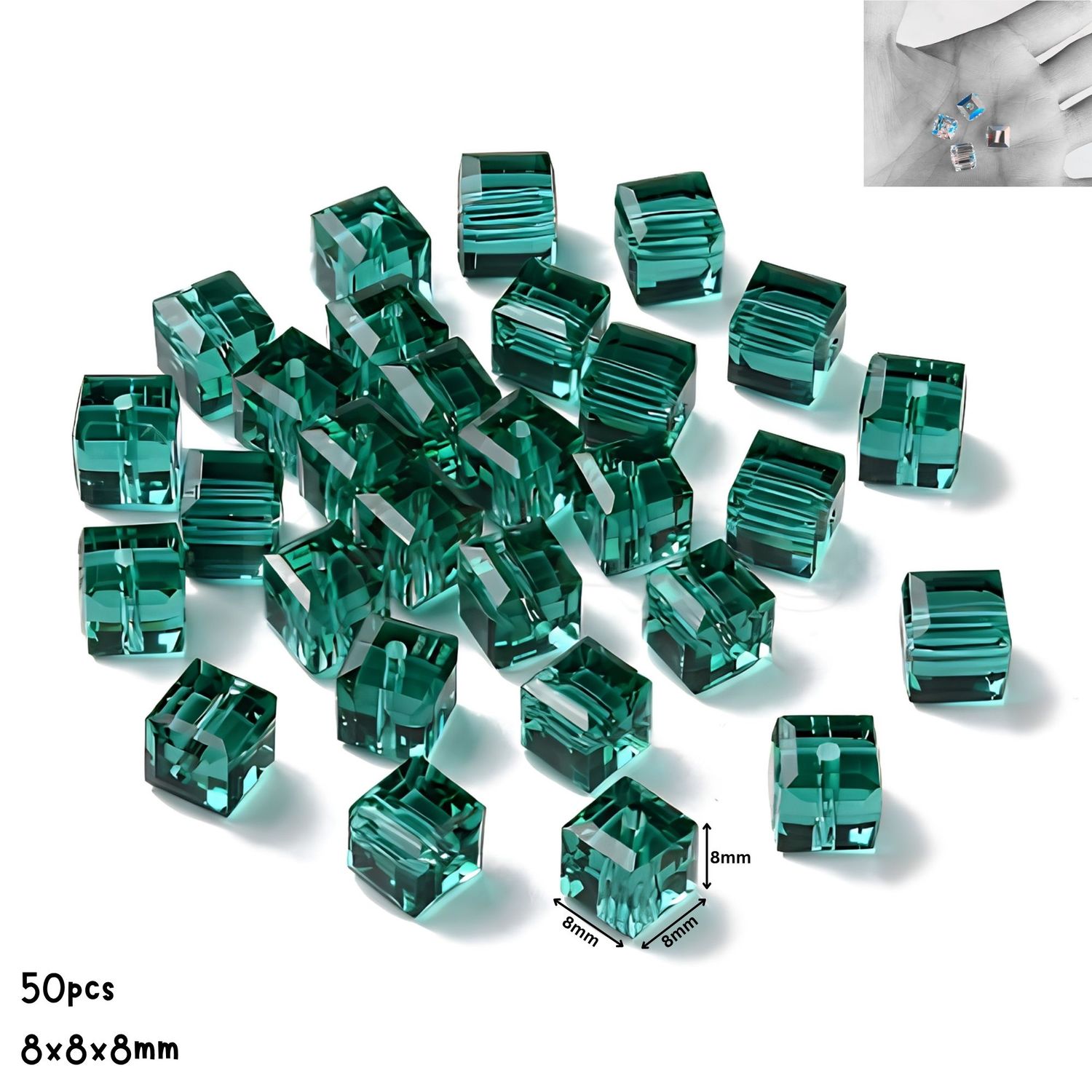 8x8x8mm Faceted Cubes, Transparent Dark Cyan, 50pcs, Grade AAA, Hole 1.2mm, Glass Beads, 2.22oz