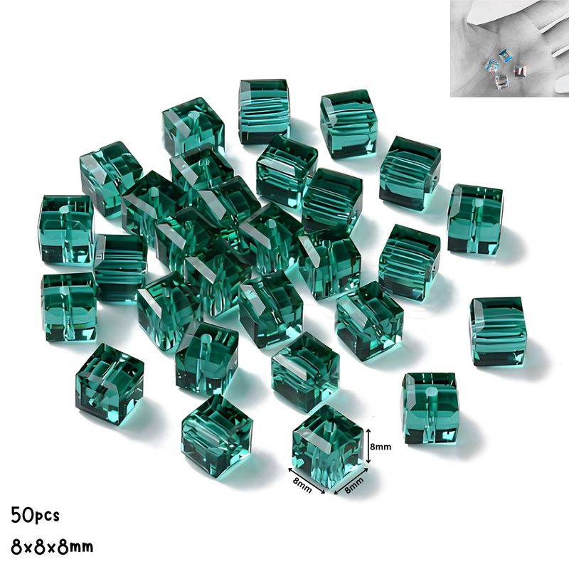 8x8x8mm Faceted Cubes, Transparent Dark Cyan, 50pcs, Grade AAA, Hole 1.2mm, Glass Beads, 2.22oz