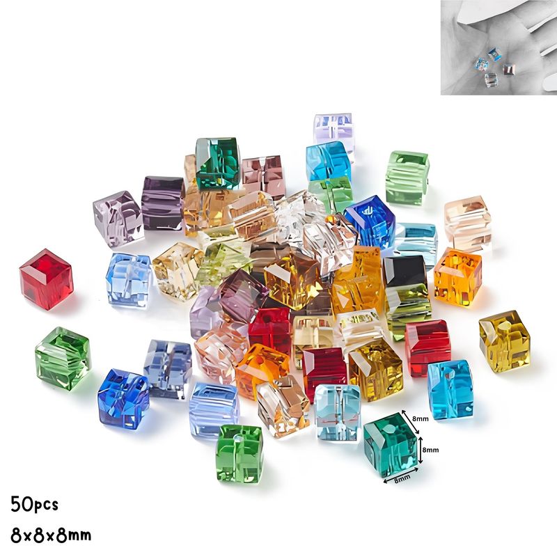 8x8x8mm Faceted Cubes, Mixed Colors, 50pcs, Grade AAA, Hole 1.2mm, Glass Beads, 2.22oz