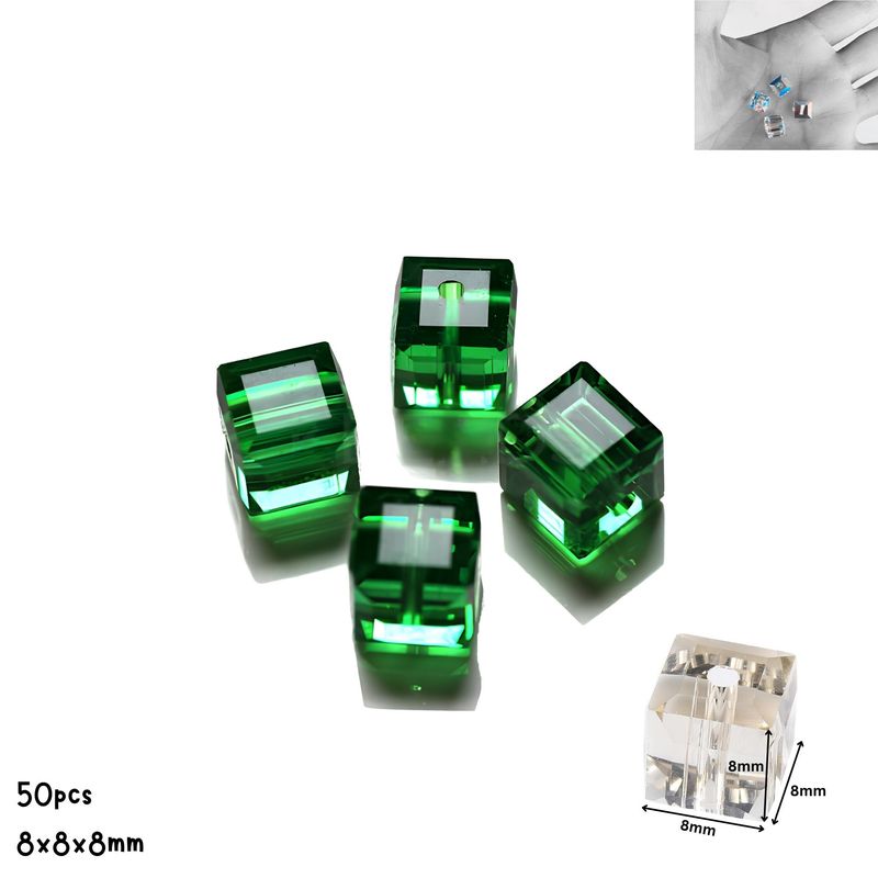8x8x8mm Faceted Cubes, Transparent Green, 50pcs, Grade AAA, Hole 1.2mm, Glass Beads, 2.22oz