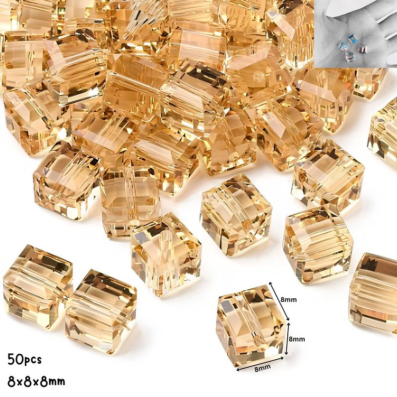 8x8x8mm Faceted Cubes, Transparent Gold, 50pcs, Grade AAA, Hole 1.2mm, Glass Beads, 2.22oz