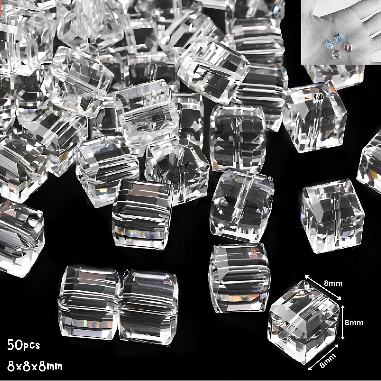 8x8x8mm Faceted Cubes, Clear, 50pcs, Grade AAA, Hole 1.2mm, Glass Beads, 2.22oz