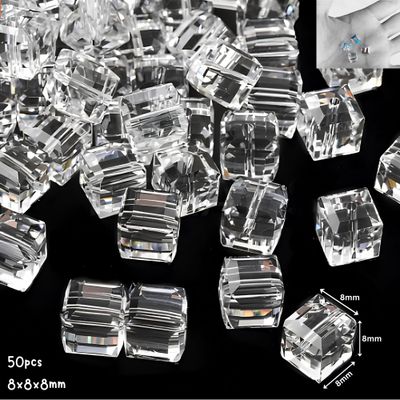 8x8x8mm Faceted Cubes, Clear, 50pcs, Grade AAA, Hole 1.2mm, Glass Beads, 2.22oz
