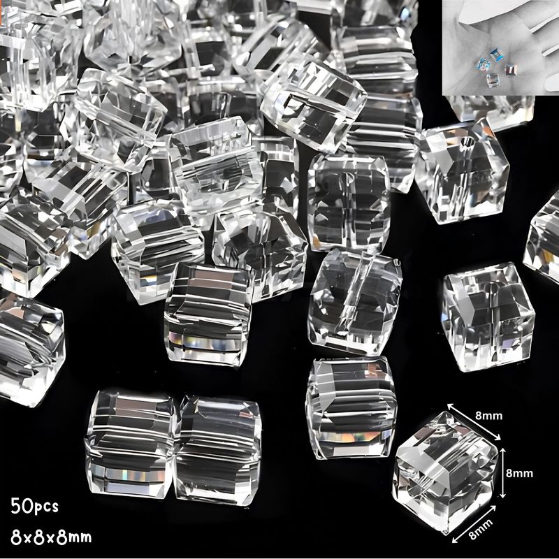 8x8x8mm Faceted Cubes, Clear, 50pcs, Grade AAA, Hole 1.2mm, Glass Beads, 2.22oz