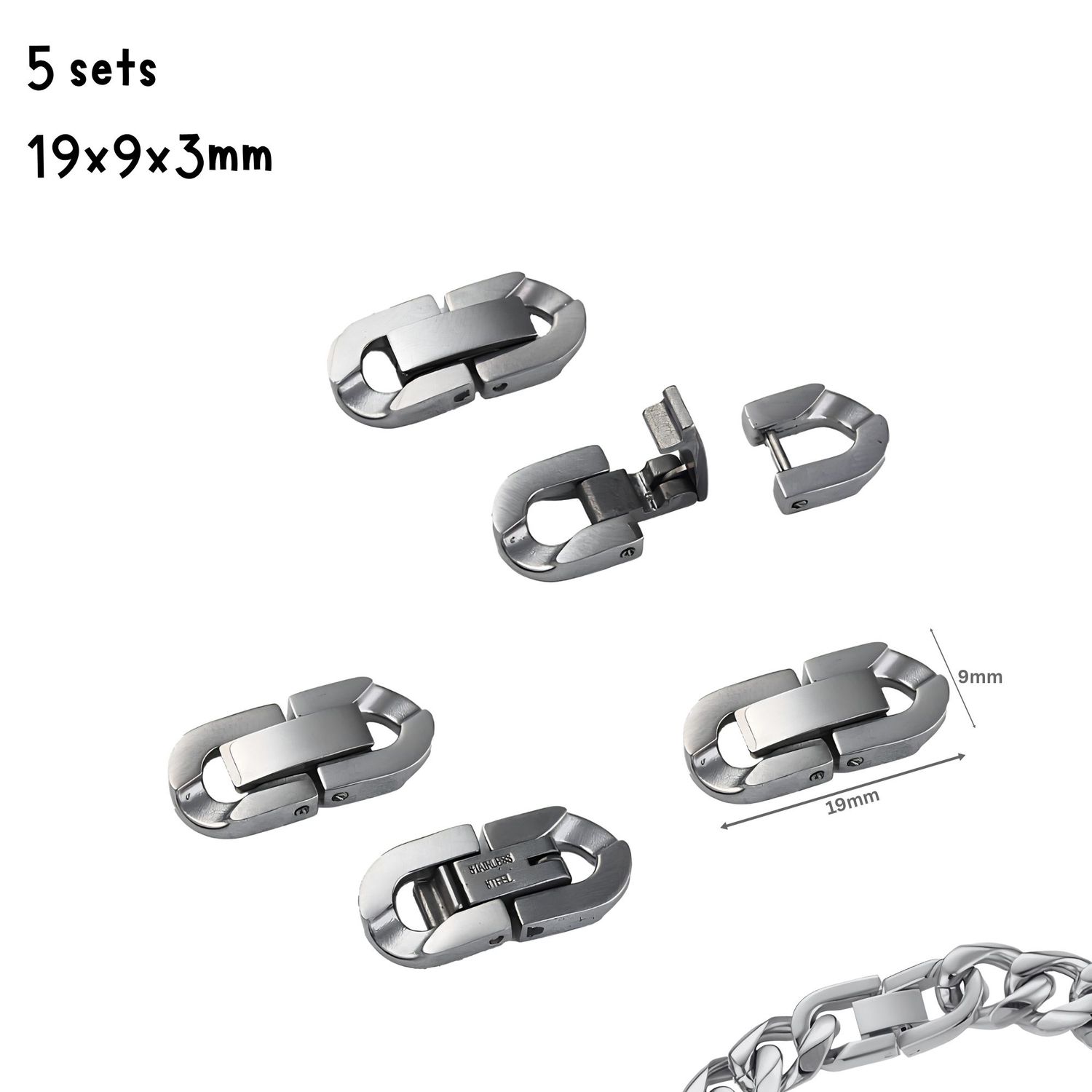 Stainless Steel Fold Over Clasps, 5 Sets, 19x9x3mm, Hole 2x3.5mm, 0.42oz