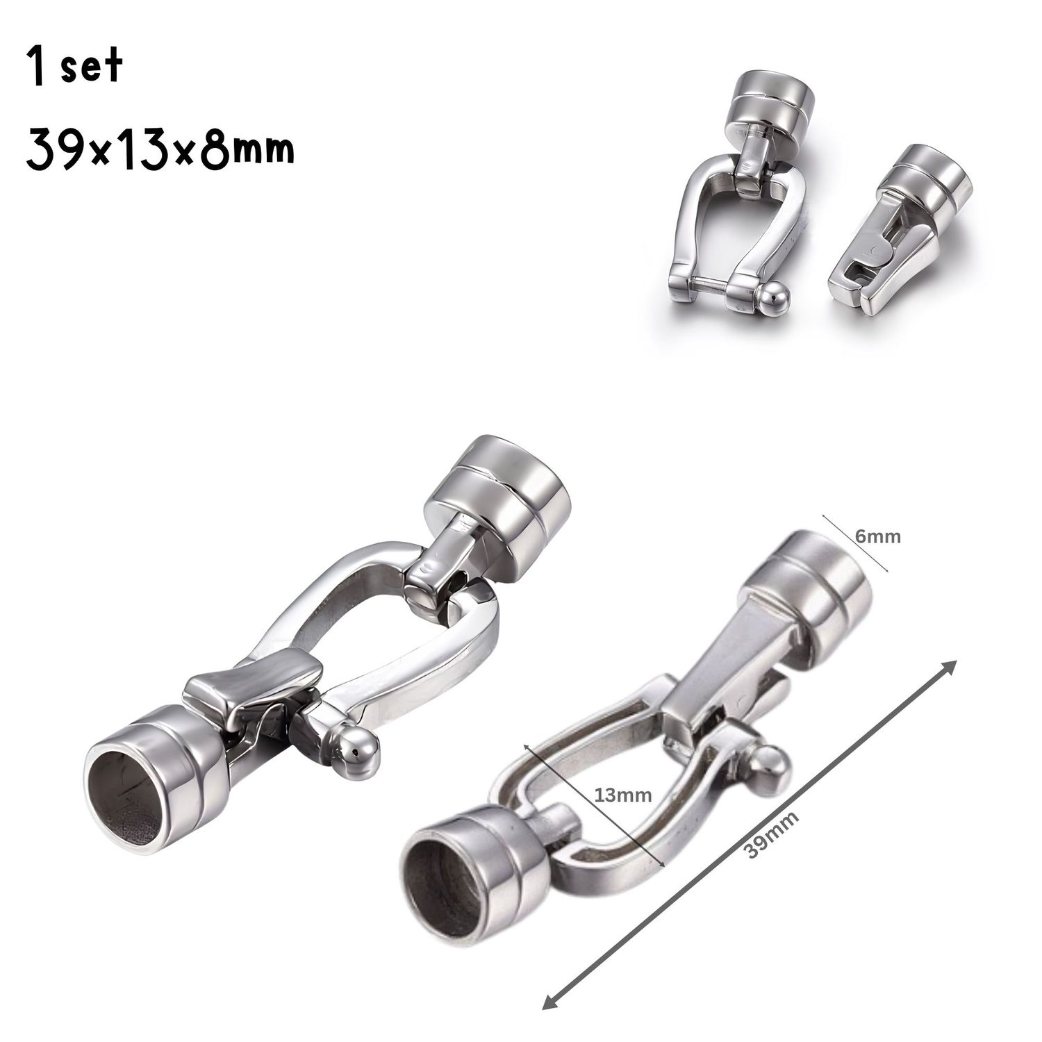 Stainless Steel Fold Over Clasps, 1 Set, 39x13x8mm, Hole 6mm, 0.25oz