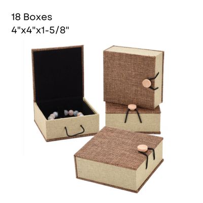 4''x4''x1-5/8'' Square Burlap Wood Box, 18 Boxes, Black Velvet Inside, 72.81oz