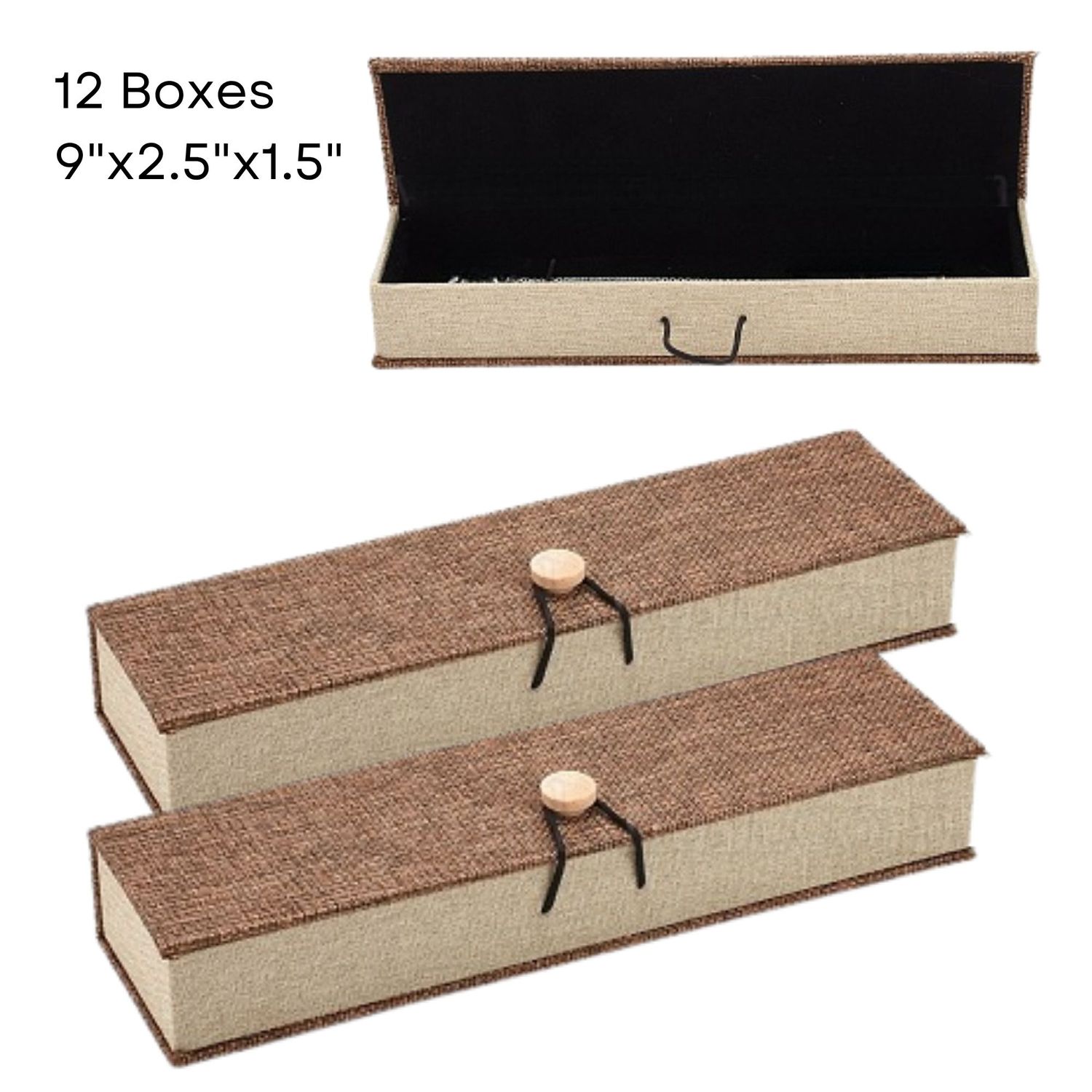 9''x2.5''x1.5'' Rectangle Burlap Wood Box, 18 Boxes, Black Velvet Inside, 18.94oz