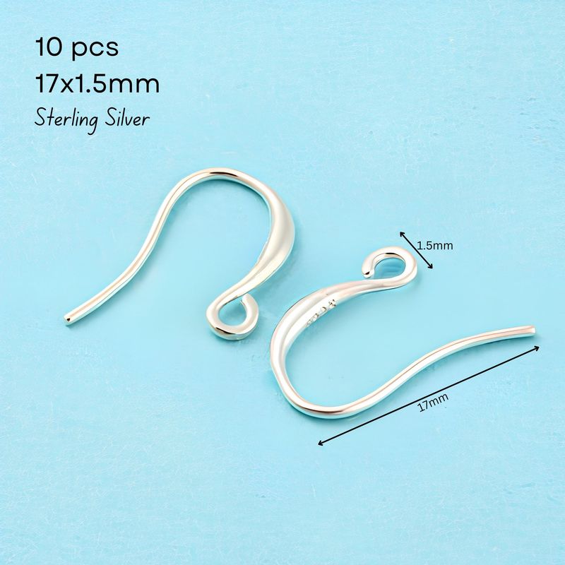 Sterling Silver .925 Ear-Wires, Earring Hooks, 10pcs, 17x1.5mm, Pin 0.7mm, Hole 0.6mm, 0.42oz