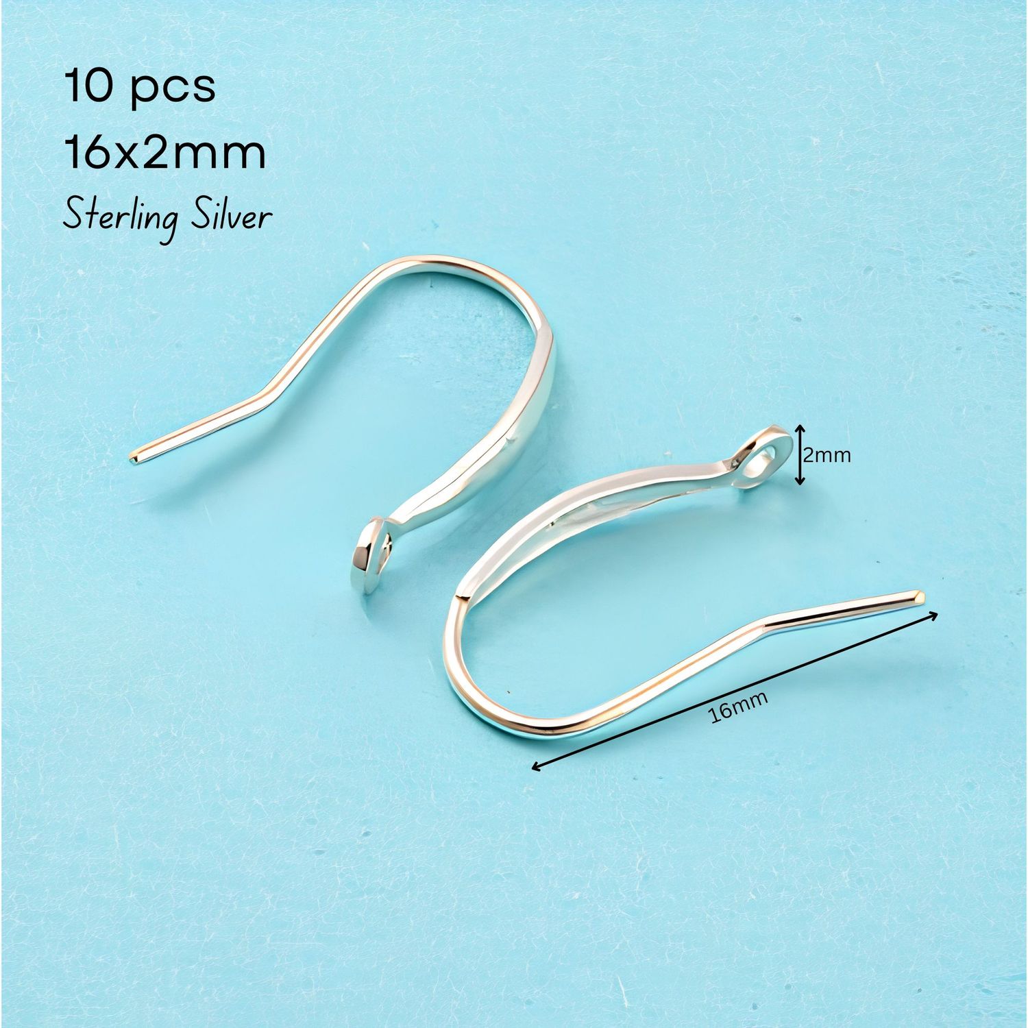 Sterling Silver .925 Ear-Wires, Earring Hooks, 10pcs, 16x2mm, Pin 0.7mm, Hole 1mm, 0.21oz
