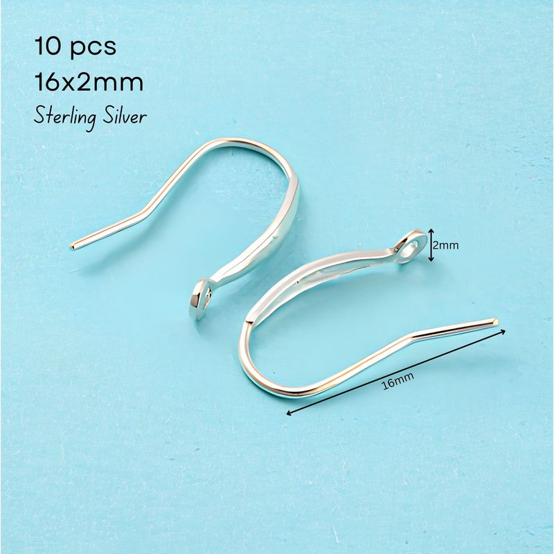Sterling Silver .925 Ear-Wires, Earring Hooks, 10pcs, 16x2mm, Pin 0.7mm, Hole 1mm, 0.21oz