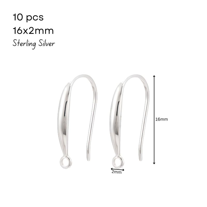 Sterling Silver .925 Ear-Wires, Earring Hooks, 10pcs, 16x2mm, Pin 0.7mm, Hole 1.4mm, 0.46oz