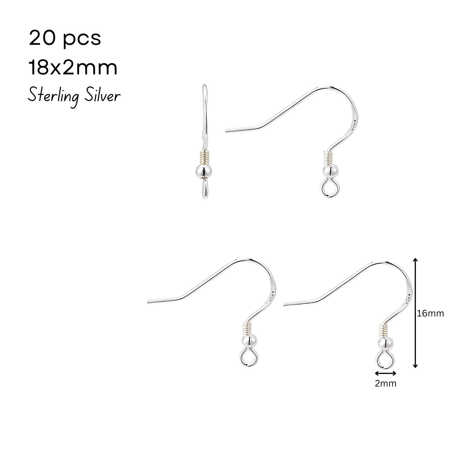 Sterling Silver .925 Ear-Wires, Earring Hooks, 20pcs, 18x2mm, Pin 0.6mm/22 Gauge, Hole 2mm, 0.25oz