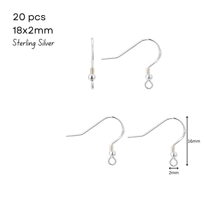 Sterling Silver .925 Ear-Wires, Earring Hooks, 20pcs, 18x2mm, Pin 0.6mm/22 Gauge, Hole 2mm, 0.25oz