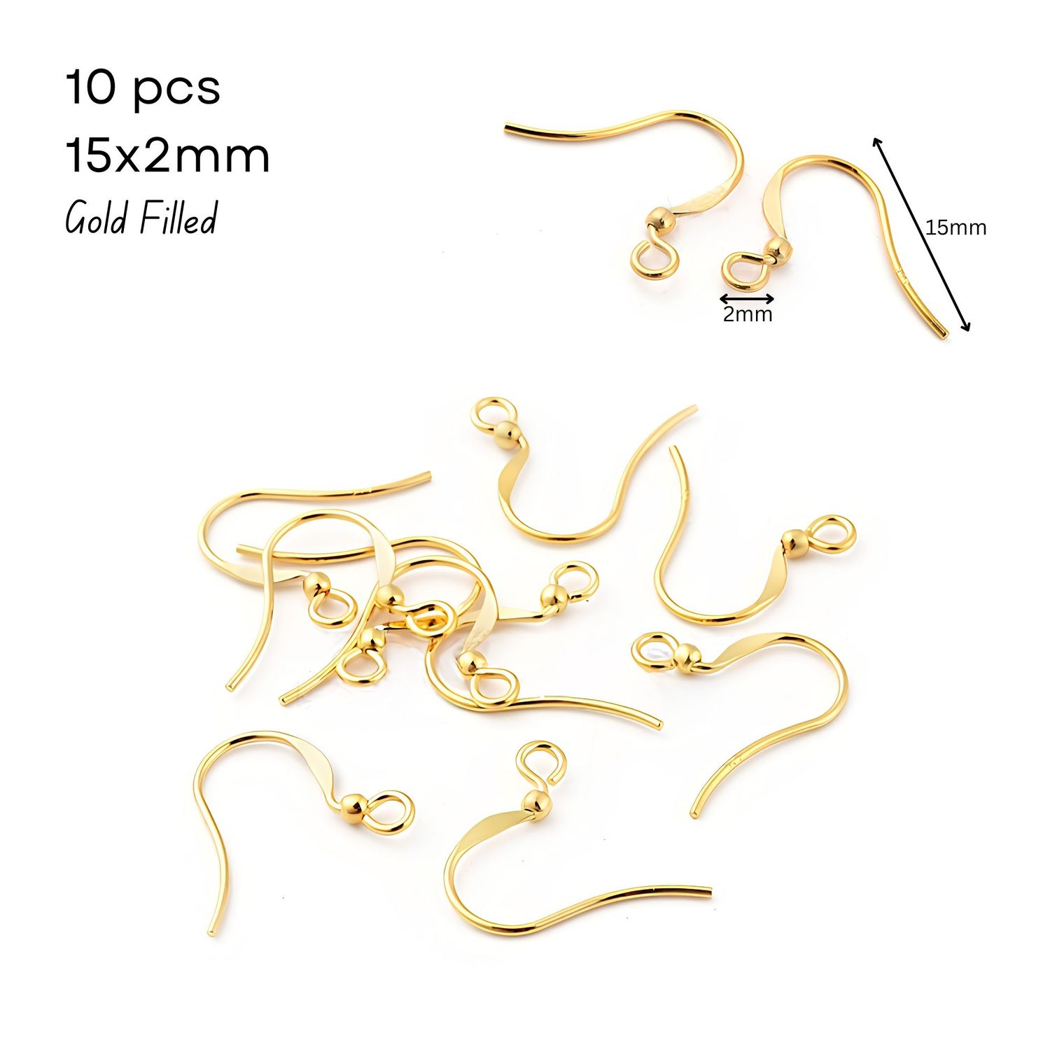Gold Filled Ear-Wires, 18K Gold Plated Sterling Silver, 10pcs, 15x2mm, Pin 0.7mm/22 Gauge, Hole 1.5mm, 0.35oz