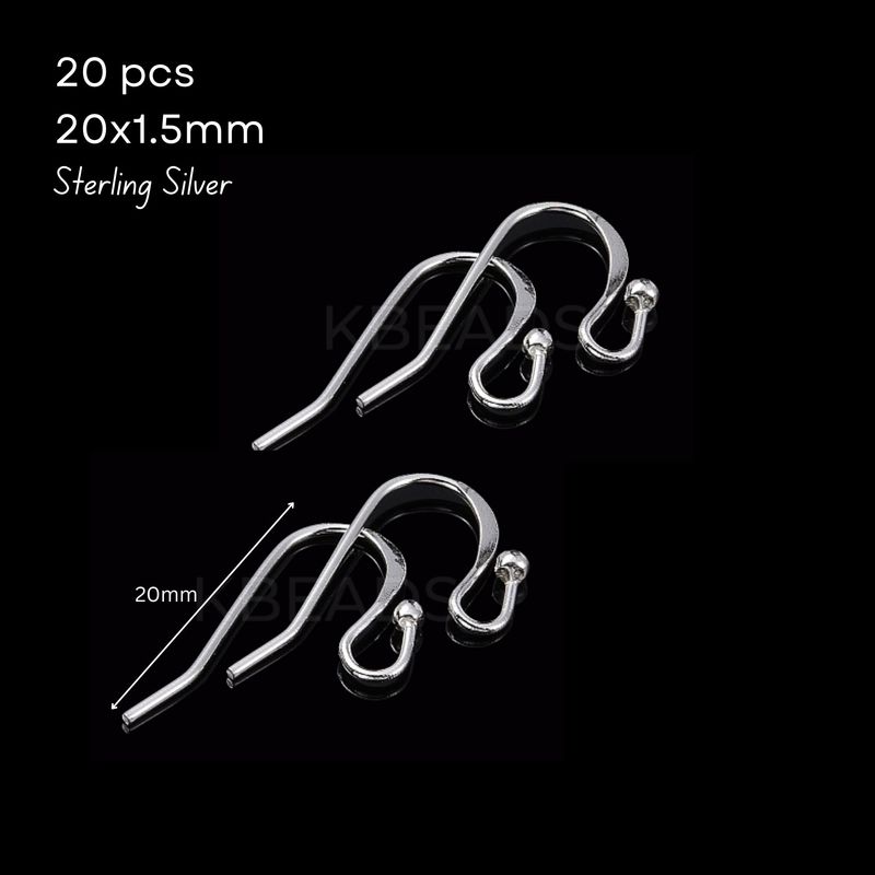 Sterling Silver .925 Ear-Wires, Earring Hooks, 20pcs, 20x1.5mm, Pin 0.7mm/21 Guage, Bead 1.5mm, 0.25oz