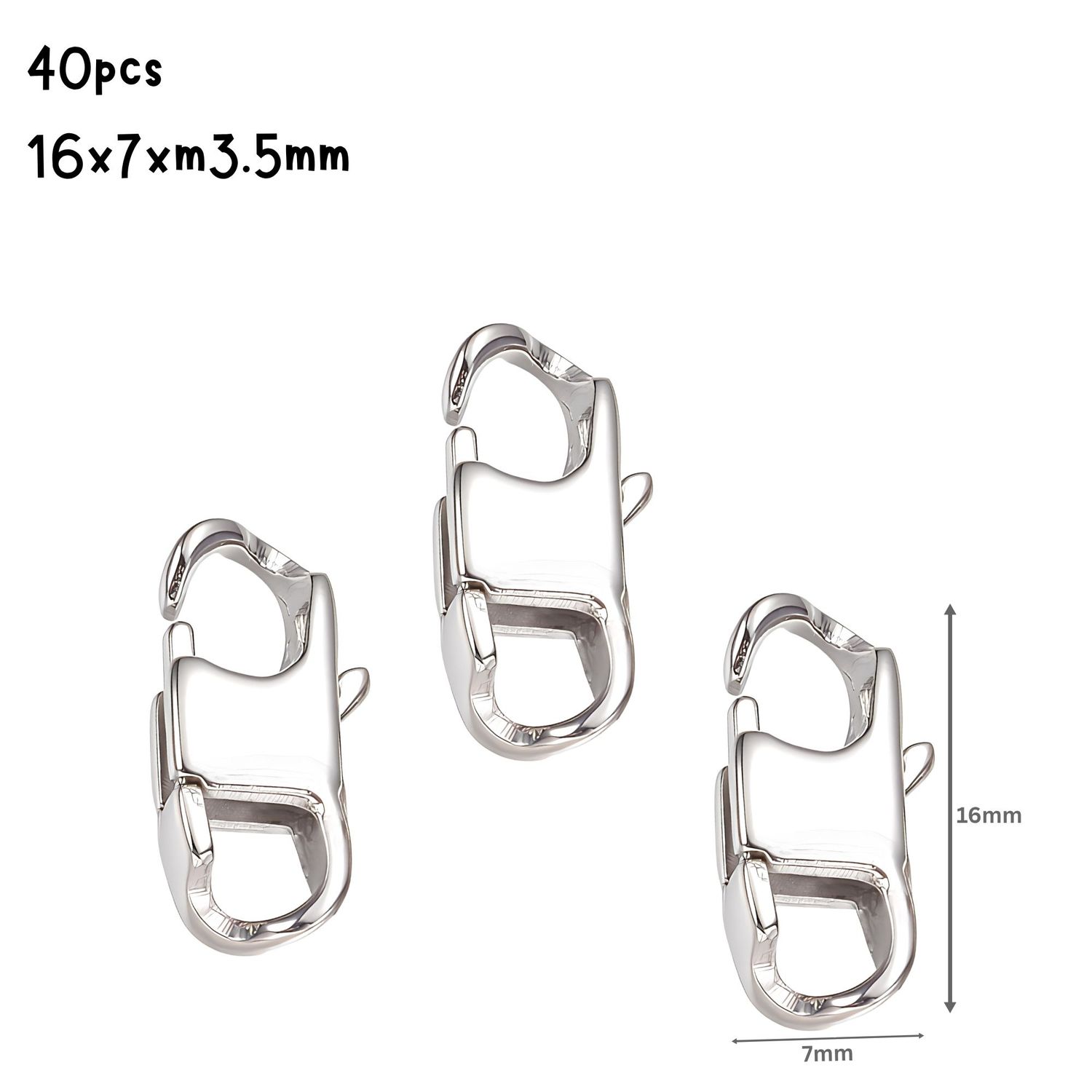 Stainless Steel Lobster Claw Clasps, 40pcs, 16x7x3mm, Hole 3x4mm, 2.33oz