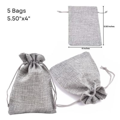 5.5''x4'' Drawstring Pouches/Bags, Grey, 5pcs, Burlap Textured Polyester, 3.49oz