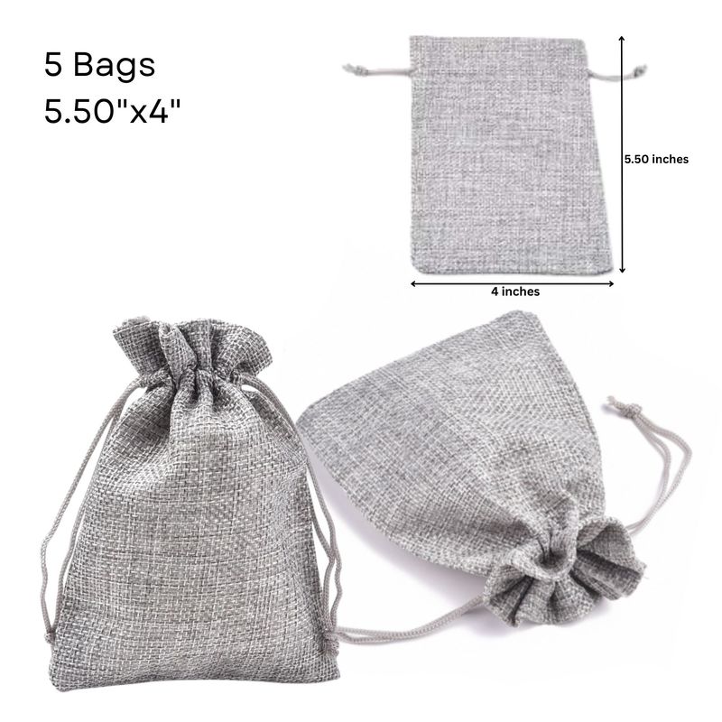 5.5''x4'' Drawstring Pouches/Bags, Grey, 5pcs, Burlap Textured Polyester, 3.49oz