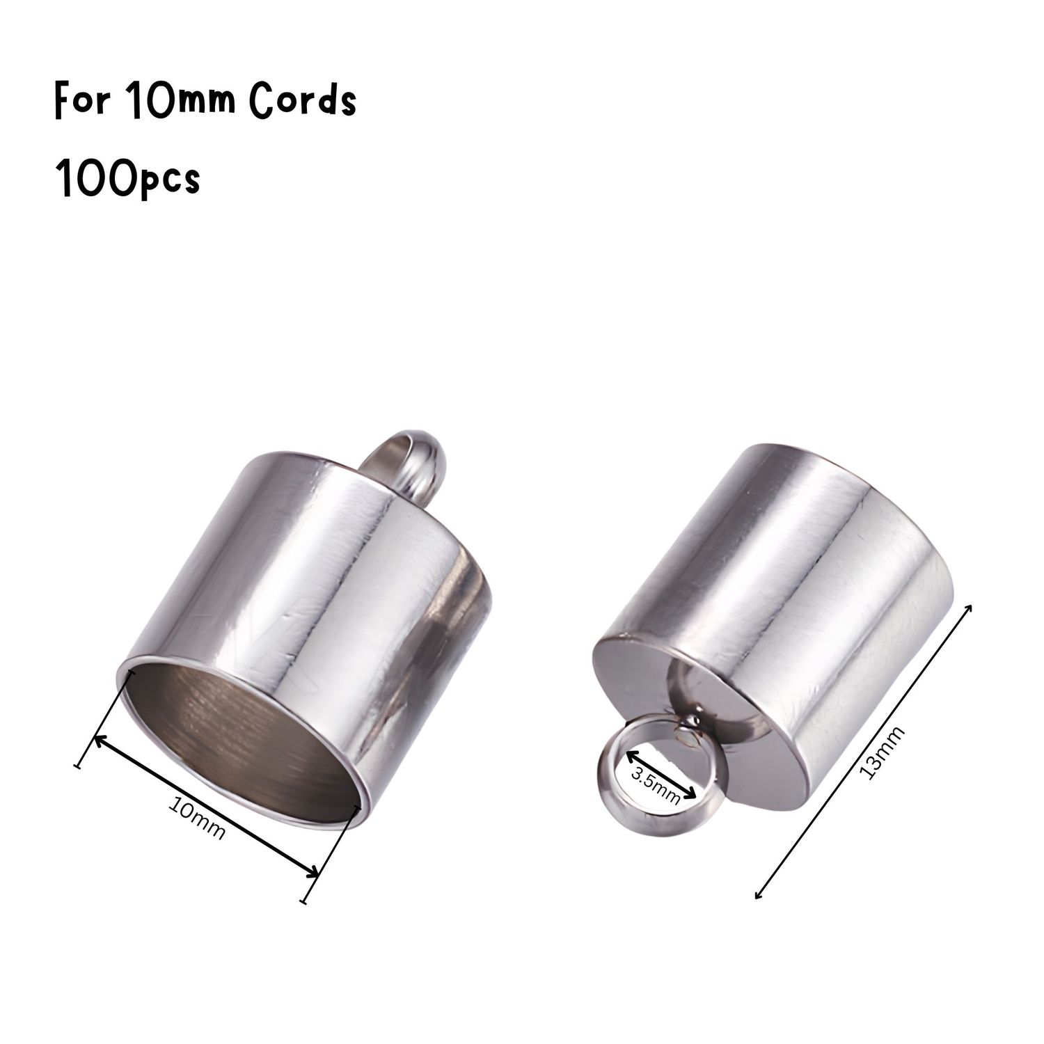 Stainless Steel Glue In End Caps, Cord Ends, 100pcs, 13x11mm, Inner Diameter 10mm, Hole 3.5mm, 12.06oz