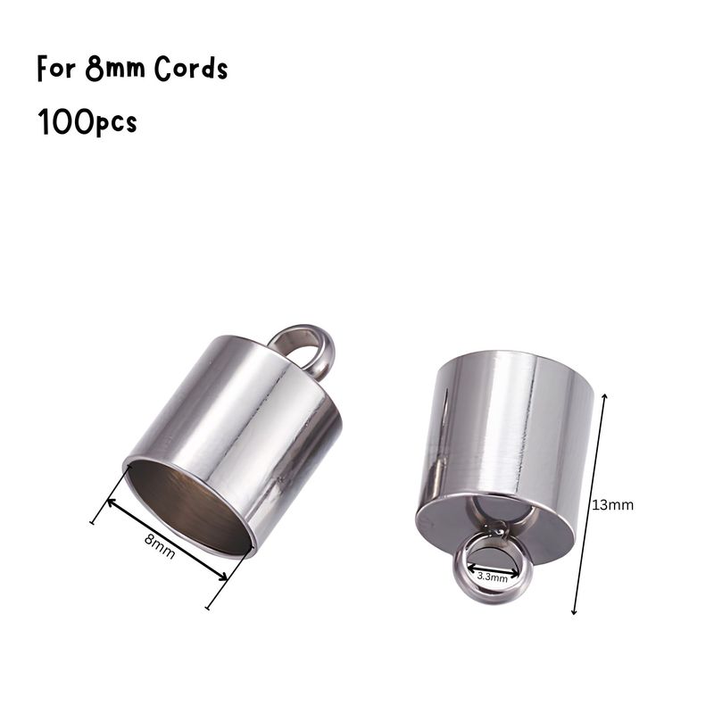 Stainless Steel Glue In End Caps, Cord Ends, 100pcs, 13x9mm, Inner Diameter 8mm, Hole 3.3mm, 7.30oz